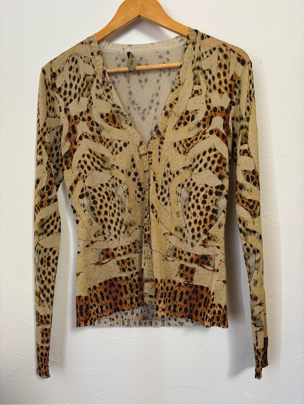 Roberto Cavalli Vintage Y2K Gold Metallic Leopard Cardigan Sz 40